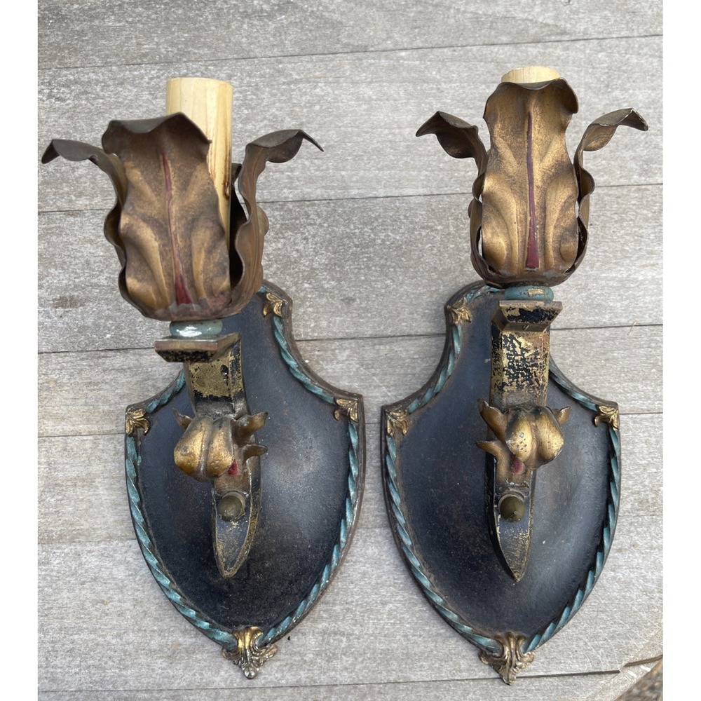 Antique Vintage Moe Bridges Milwaukee‎ Wis.  Cast Iron Gothic Sconce Light Set 2